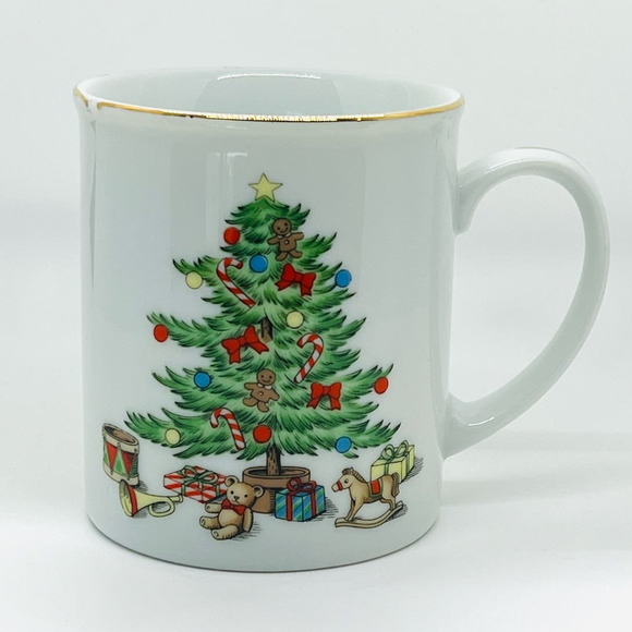 Holiday Hostess Mug Christmas Tree, Presents Gold Rimmed Cup, Coffee, Cocoa, VTG - Picture 1 of 9